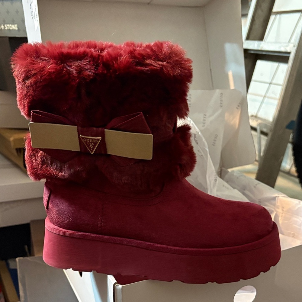 Guess Red Fur Boots with Bow Accent